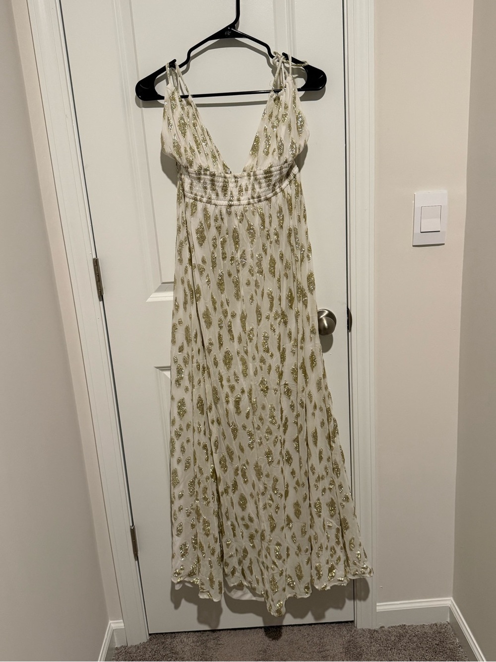 Altar'd State White and Gold Sequin Maxi Dress